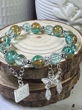 Silver Charm Bracelet with Aqua and Gold Glass Beads